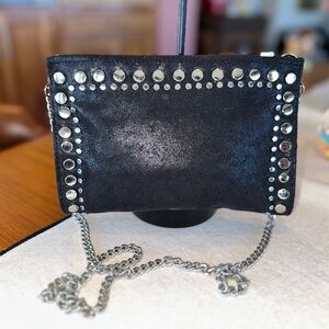 Zara Black Suede-Like Silver Studded Crossbody Clutch Bag | Removable Strap